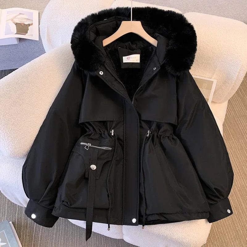 Women's Medium-length Waist-fitted Slimming Hooded Cotton-padded Jacket Warm Fleece Lining Korean Style Autumn winter Coat Women's Funnel Women's Waterproof