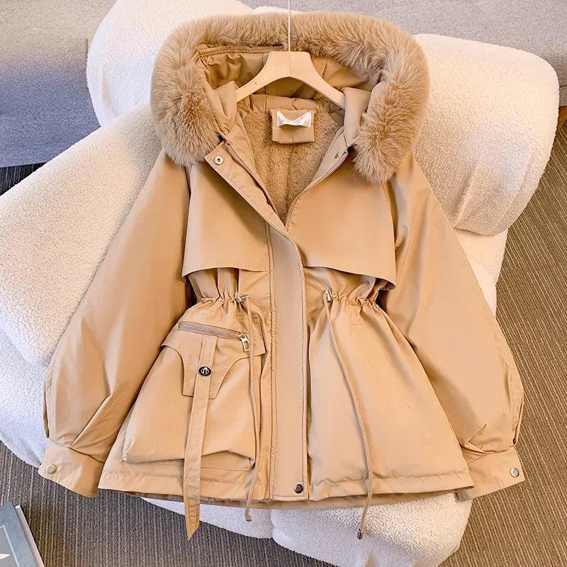 Women's Medium-length Waist-fitted Slimming Hooded Cotton-padded Jacket Warm Fleece Lining Korean Style Autumn winter Coat Women's Funnel Women's Waterproof