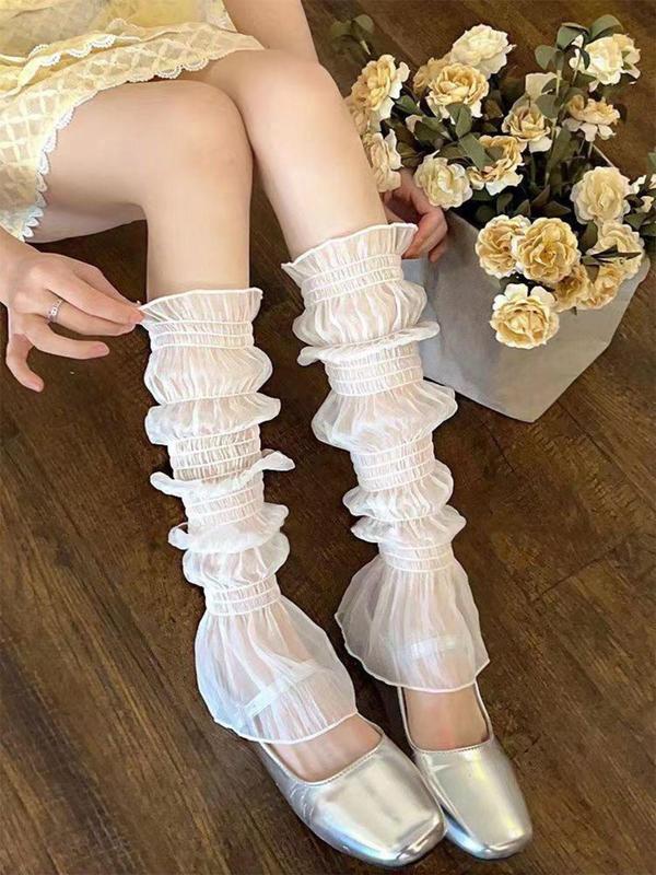 Women's Solid Ruffle Trim Shirred Sheer Leg Warmers, 1 Pair Summer 2024 Elegant Fashion Scrunch Socks for Daily Outdoor Wear, Ladies Socks for Summer