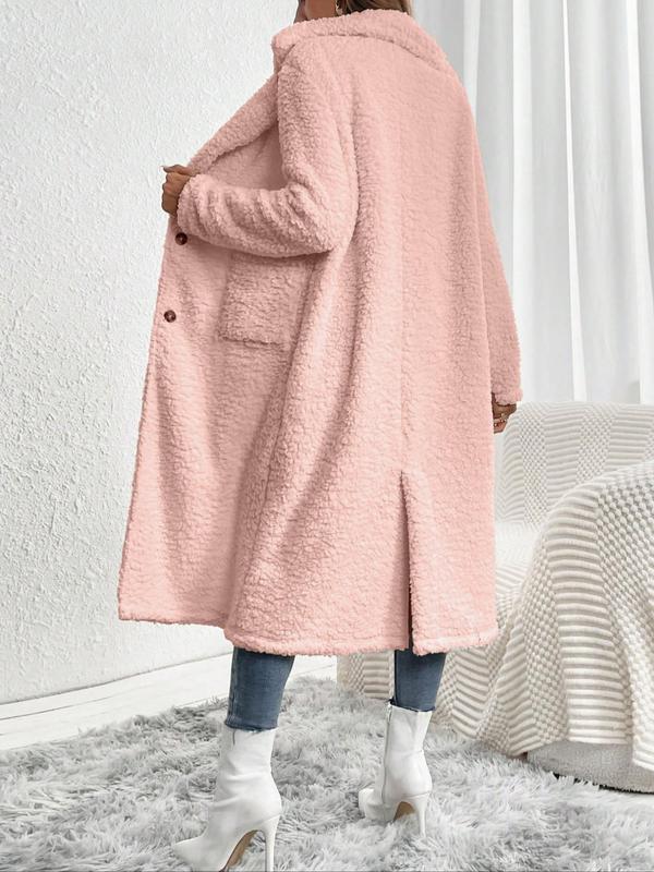 Women's Solid Button Front Split Hem Thermal Lined Coat, Casual Long Sleeve Lapel Neckline Plush Outerwear for Fall & Winter, Women's Clothing for Daily Wear, Winter Clothes Women, Coats for Winter Women 2024