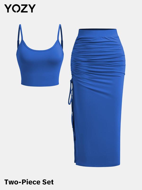 YOZY [9 colors, size 0 2-14] Adjustable Strap Crop Cami Top & Drawstring Split Thigh Skirt Set, Casual Sleeveless Top & Elastic Waist Ruched Skirt Set, 2024 Women's Summer Outfits for Daily, [XS-XXL]