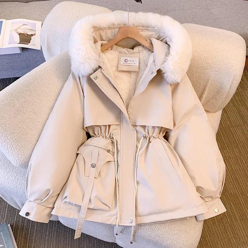 Women's Medium-length Waist-fitted Slimming Hooded Cotton-padded Jacket Warm Fleece Lining Korean Style Autumn winter Coat Women's Funnel Women's Waterproof