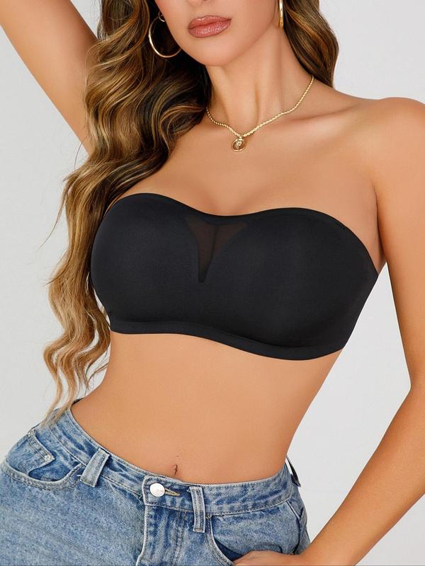 Women's Solid Contrast Mesh Sheer Wireless Strapless Bra with Transparent Detachable Strap, Push Up Bra, Casual Comfortable Breathable Push up Lingerie Top for Daily Wear, Lingeries for All Seasons