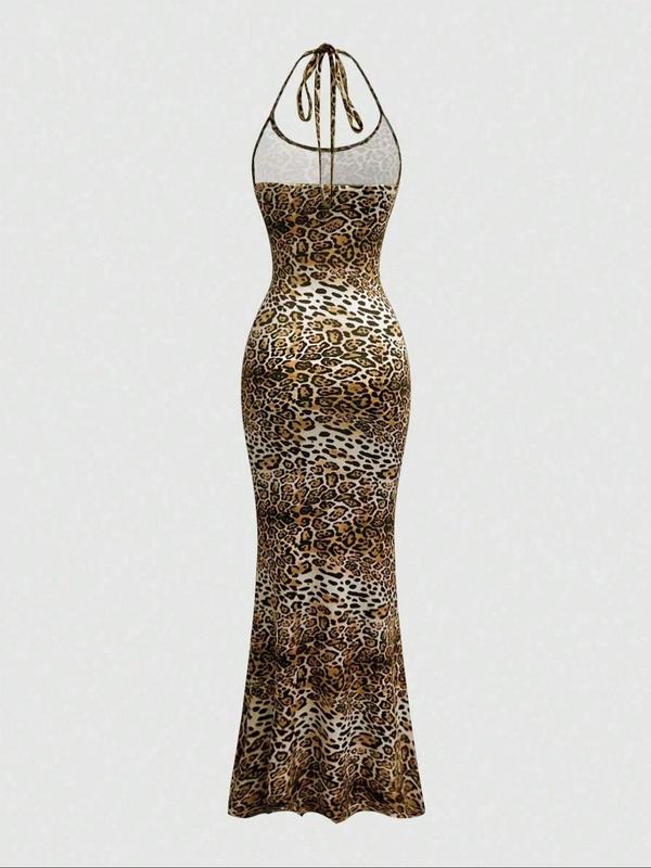 Women's Leopard Print Halter Neck Tie Back Cami Dress, Fashion Casual Backless Long Dress for Daily Outdoor Wear, Ladies Dress for Summer, 90s Clothes