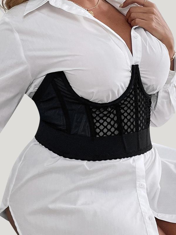 Plus Size Sexy Hollow Out Contrast Mesh Corset, Hook & Eye Design Breathable Comfortable Waist Trainer, Women's Shapewear for All Seasons