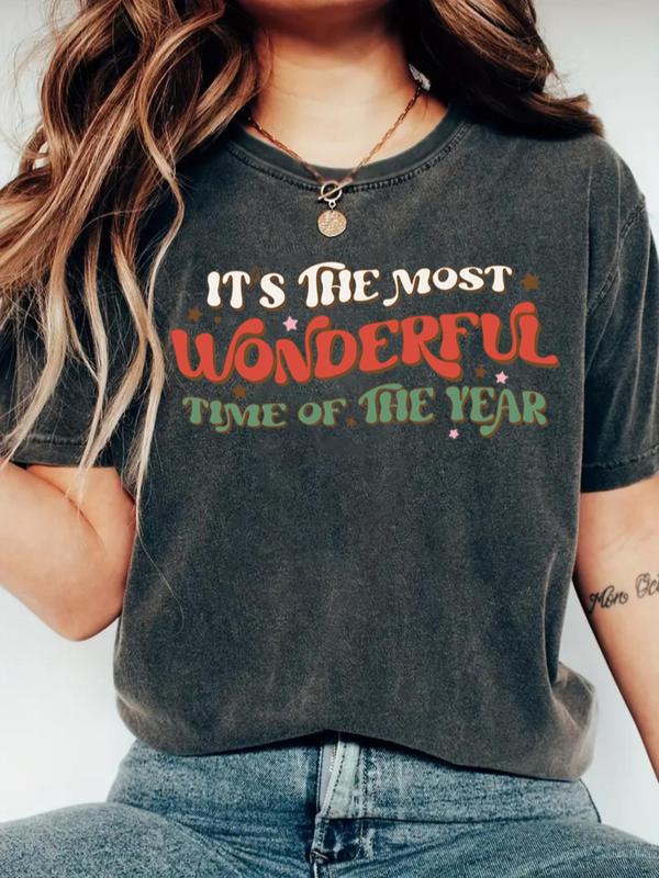 Women's Christmas Themed Round Neck Graphic Tee, Casual Short Sleeve T-Shirt for Daily Wear, Ladies Clothes for All Seasons