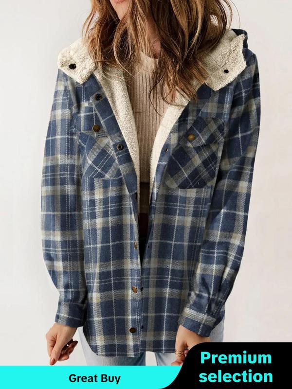 Women's Plaid Print Button Front Thermal Lined Hooded Coat, Fall Outfits, Casual Long Sleeve Pocket Outerwear for Winter, Ladies Clothes for Daily Wear