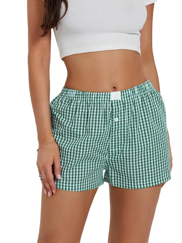 Women's Plaid Print Button High Waist Shorts, Casual Comfy Elastic Waist Wide Leg Shorts for Summer, Fashion Women's Bottoms for Daily Wear