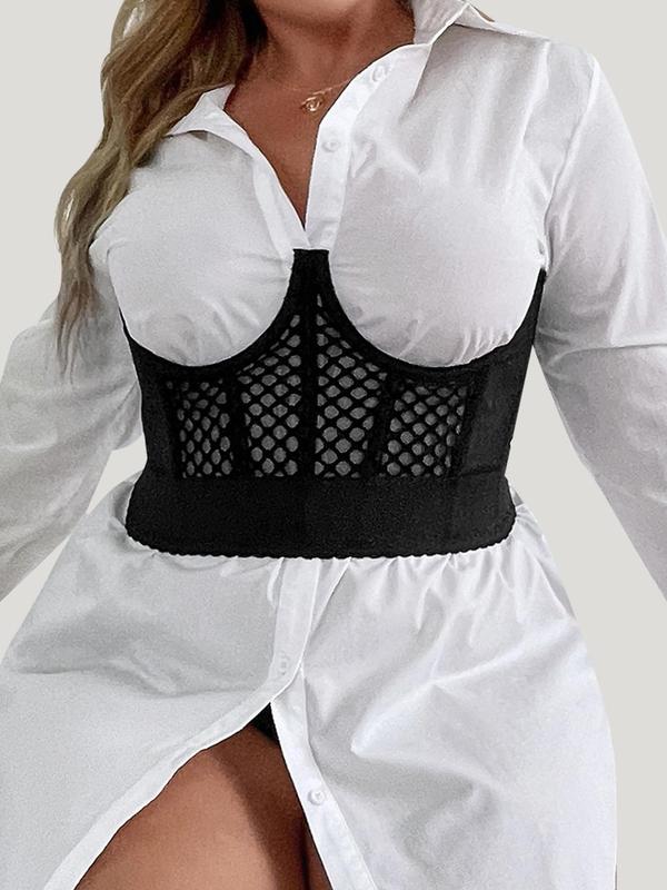 Plus Size Sexy Hollow Out Contrast Mesh Corset, Hook & Eye Design Breathable Comfortable Waist Trainer, Women's Shapewear for All Seasons