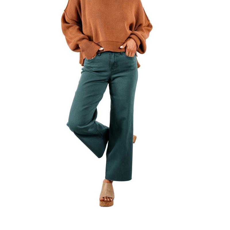 Veret High Rise Green Cropped Wide Leg Jeans