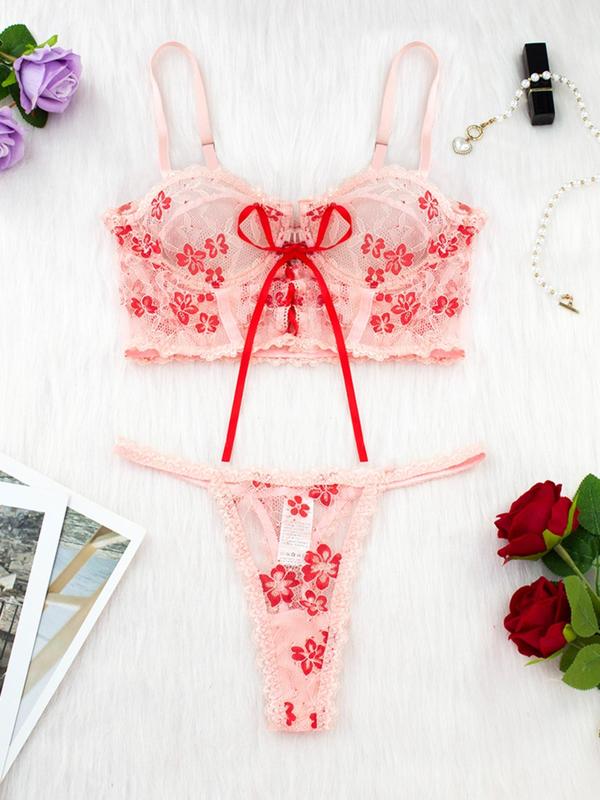 Women's Floral Print Sheer Sexy Lace Lingerie Set, Elegant Bow Decor Underwire Bra & Thong Set, Soft Comfy Breathable Lingerie Set for Women