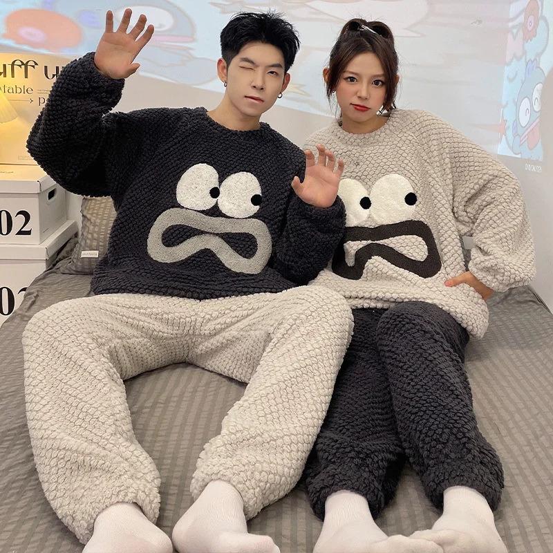 Winter Warm Cute Cartoon Pajamas Couple Set Women Coral Fleece Flannel Men's Home Wear