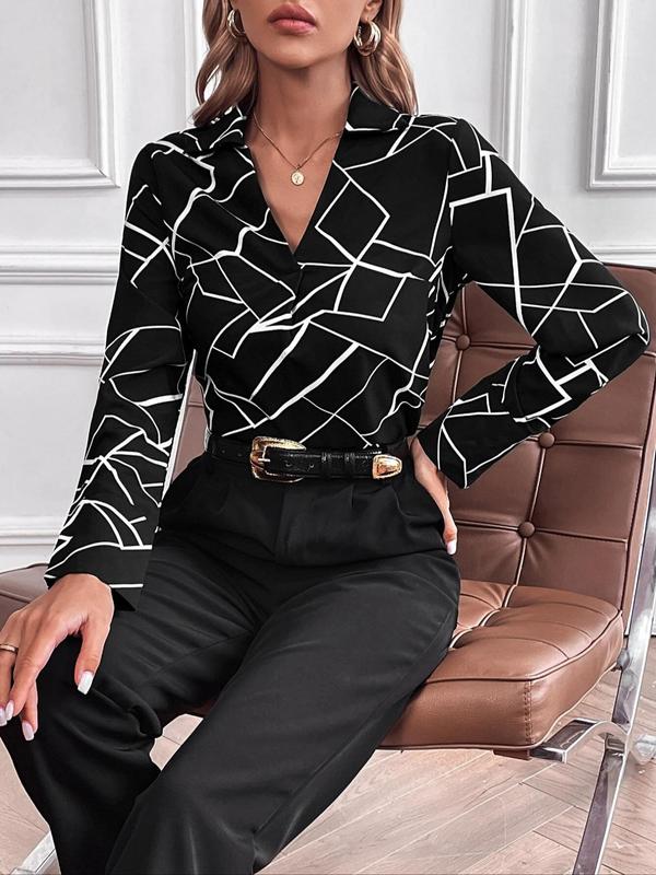 Women's All Over Print Button Shirt, Casual Long Sleeve Collared Top for Fall & Winter, Women's Clothes for Daily Wear