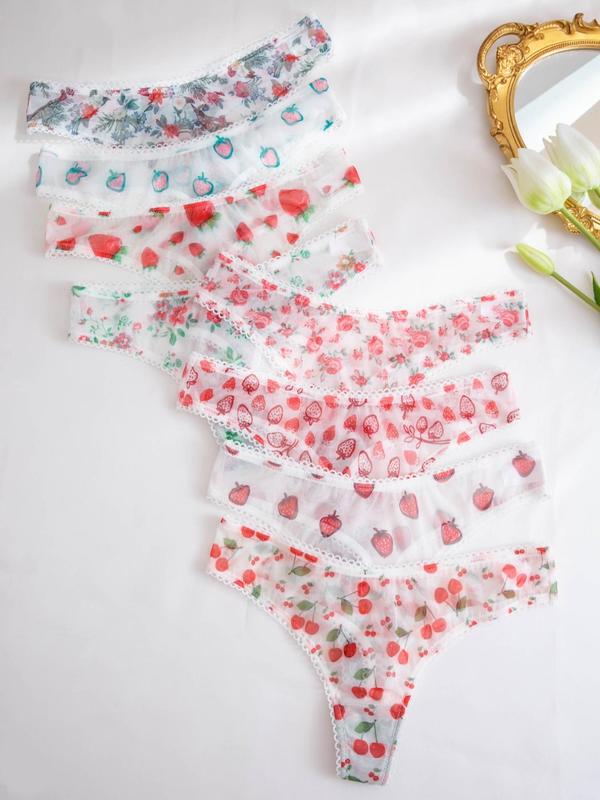 Women's Floral & Strawberry & Cherry Print Sheer Tulle Thongs, Cute Soft Comfy Breathable Knicker for Daily Wear, Ladies Underwear for All Seasons