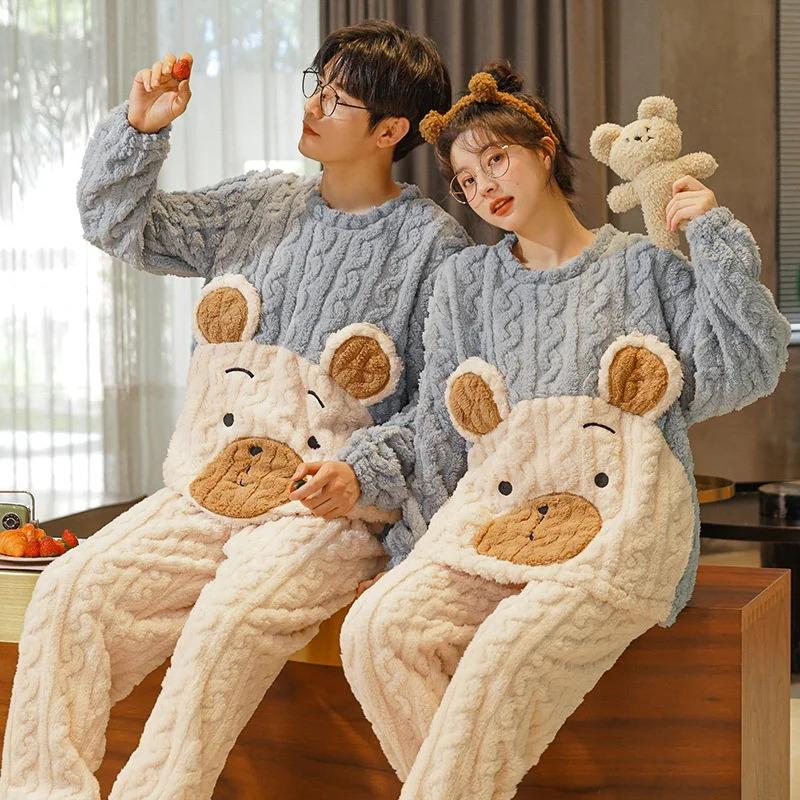 Winter Warm Cute Cartoon Pajamas Couple Set Women Coral Fleece Flannel Men's Home Wear