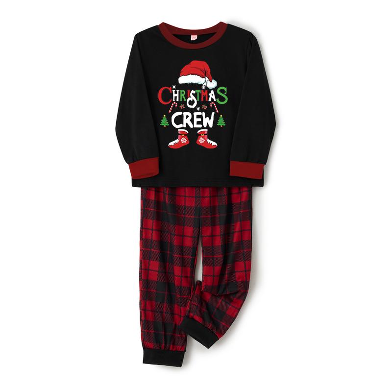 Hot New Black Christmas Family Pajamas Matching Set, Long Sleeve Letters Print T-shirt with Plaid Pants Sleepwear Loungewear