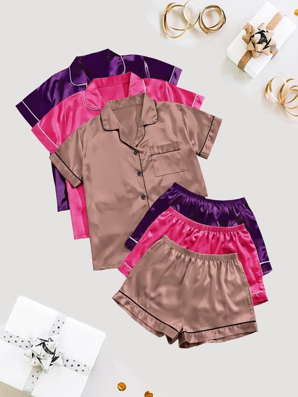 6 Pieces Women's Solid Satin Pyjama Set, Short Sleeve Button Front Lapel Shirt & Contrast Binding Shorts Pj Set, Summer Sleepwear Set, Back To School Pajama Sets Women