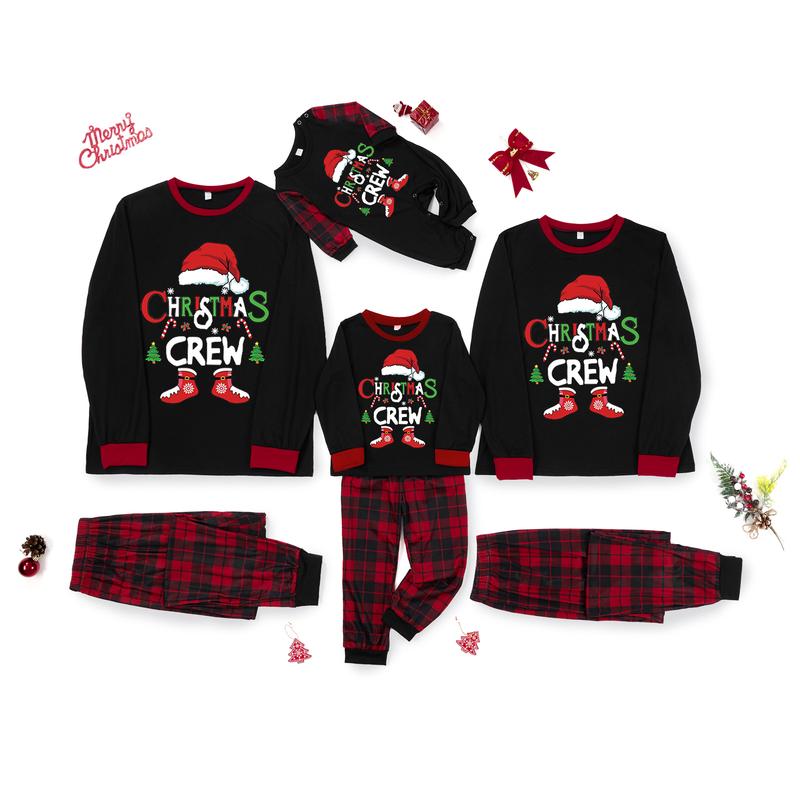 Hot New Black Christmas Family Pajamas Matching Set, Long Sleeve Letters Print T-shirt with Plaid Pants Sleepwear Loungewear