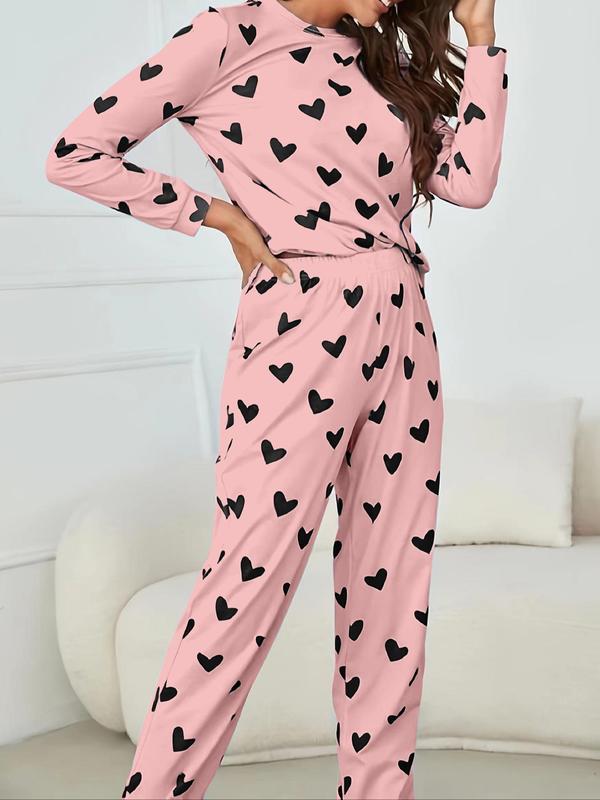 Two-Piece Set Women's Heart Print Round Neck Tee & Elastic Waist Pants Pyjama Set, Crew Neck Long Sleeve T-Shirt & Trousers Set, Fashion Soft PJ Homewear, Casual Comfy Sleepwear Set for Women, Womenswear