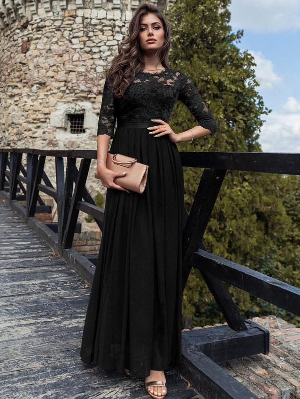 Miusol M22073 Women's Elegant Floral Lace 3 4 Sleeve Bridesmaid Formal Maxi Dress