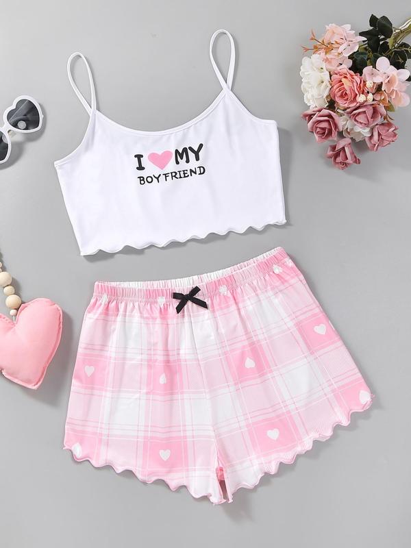 Two Four Pieces Women's Heart Print Scallop Crop Sleeveless Cami Top & Bow Decor Shorts Pj Co-ord Set for Home Wear, Pajama Sets Women, Cute Nightwear Homewear Pjs for Lady, Summer Wear, Pjs Homewear Birthday Wear Black Girl