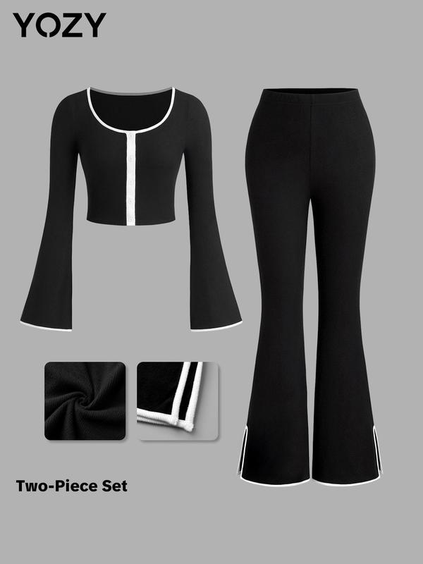 YOZY Women's Contrast Binding Flounce Sleeve Top & Split Hem Pants Two-piece Set, Casual Round Neck Long Sleeve Top & Trousers Two Piece Set for Daily Wear, Ladies Clothes for All Seasons