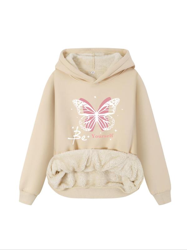 Women's Butterfly & Letter Print Thermal Lined Plush Hoodie, Casual Long Sleeve Hooded Sweatshirt for Fall & Winter, Women Clothes for Daily Wear Downtown Girl Clothes