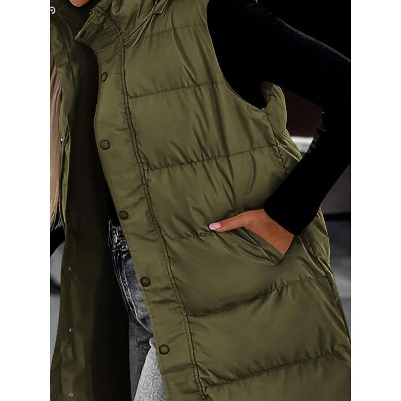 Women's Long Puffer Vest with Quilted Hood and Button Down Closure for Winter Coat 2024 - Tops, Womenswear