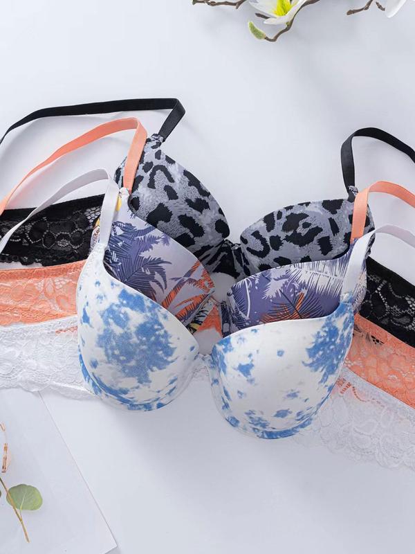 Women's All Over Print Contrast Lace Push Up Bra, Elegant Adjustable Strap Underwire Bra, Soft Comfortable Breathable Lingerie for All Seasons