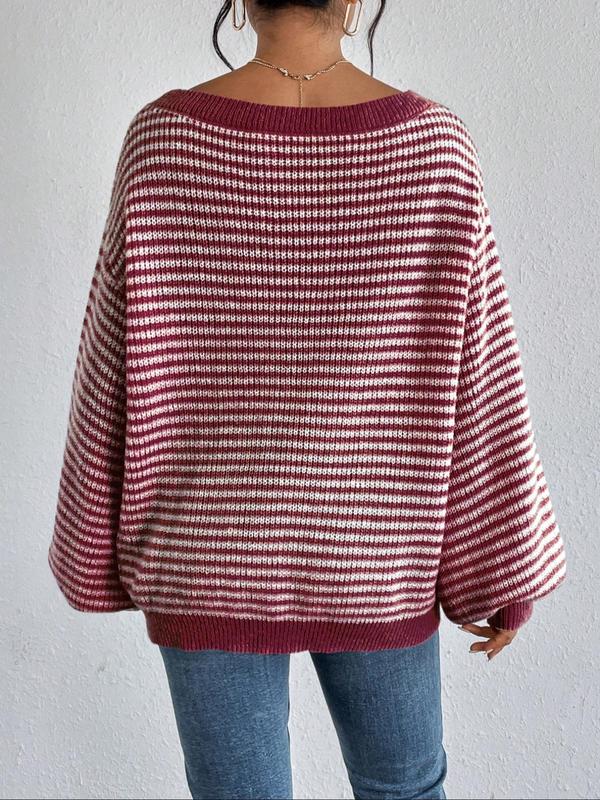 Women's Striped Drop Shoulder Sweater, Y2k Casual Bishop Sleeve Boat Neck Jumper for Daily Outdoor Wear Back To School, Sweaters for Women, Ladies Knitwear for Fall, Fall Outfits, Fallfreshness, Preppy 80s Clothes