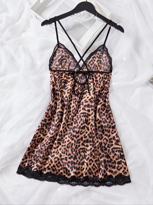 Women's Leopard Print Criss Cross Tie Back Cami Nightdress, Casual Soft Comfortable Contrast Lace Nightgown for All Seasons, Fashion Ladies' Sleepwear for Daily Wear