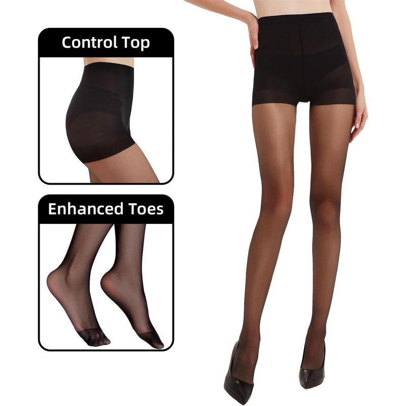 3 Pairs Black Sheer Tights for Women - 20D Not Rip Control Top Pantyhose with Reinforced Toes - Resist Tears