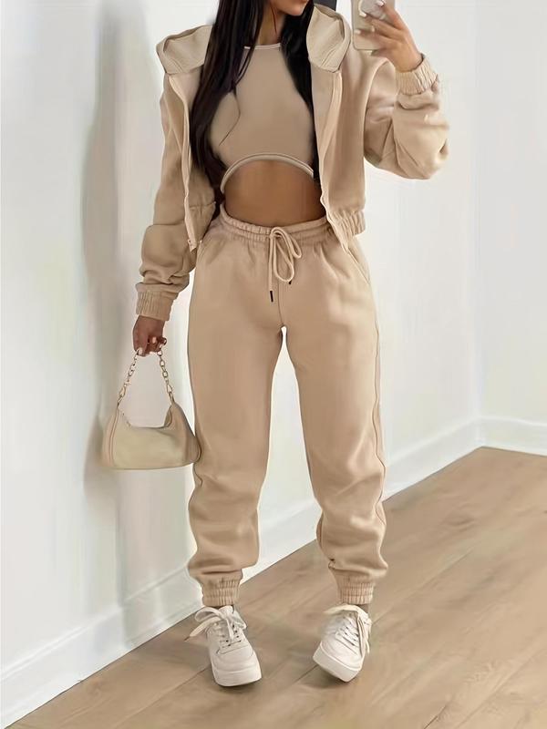 Women's Solid Pants Set, Casual Round Neck Crop Top & Drawstring Waist Pants & Zipper Hoodie, Outfit Sets for Women, Fall Outfits, Please Purchase A Size Up, Fall Outfits, Fallfreshness