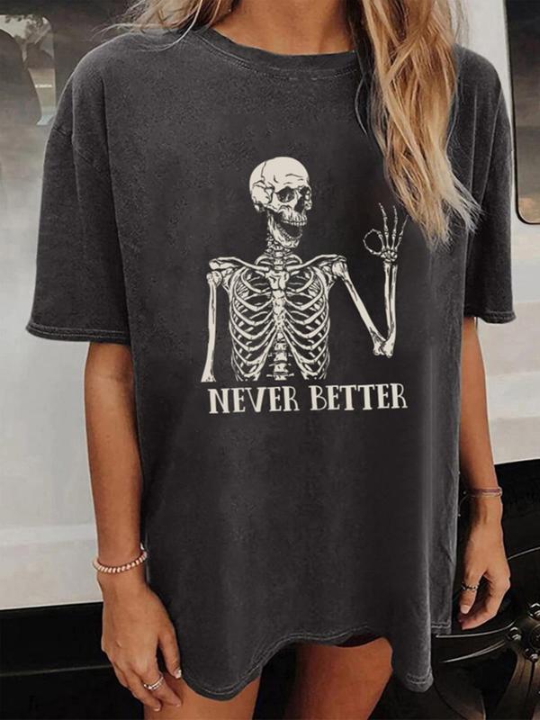 Women's Halloween Themed Skeleton & Letter Print Drop Shoulder Tee, Graphic Tees, Casual Half Sleeve Round Neck T-shirt, Fall Clothes Women, Lady Top for Daily Wear, 90s Clothes