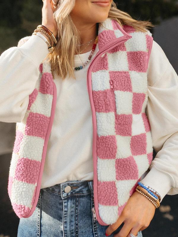 Women's Checkerboard Print Zip Up Fuzzy Vest Jacket, Casual Sleeveless Collared Outerwear for Winter, Ladies Clothes for Daily Wear