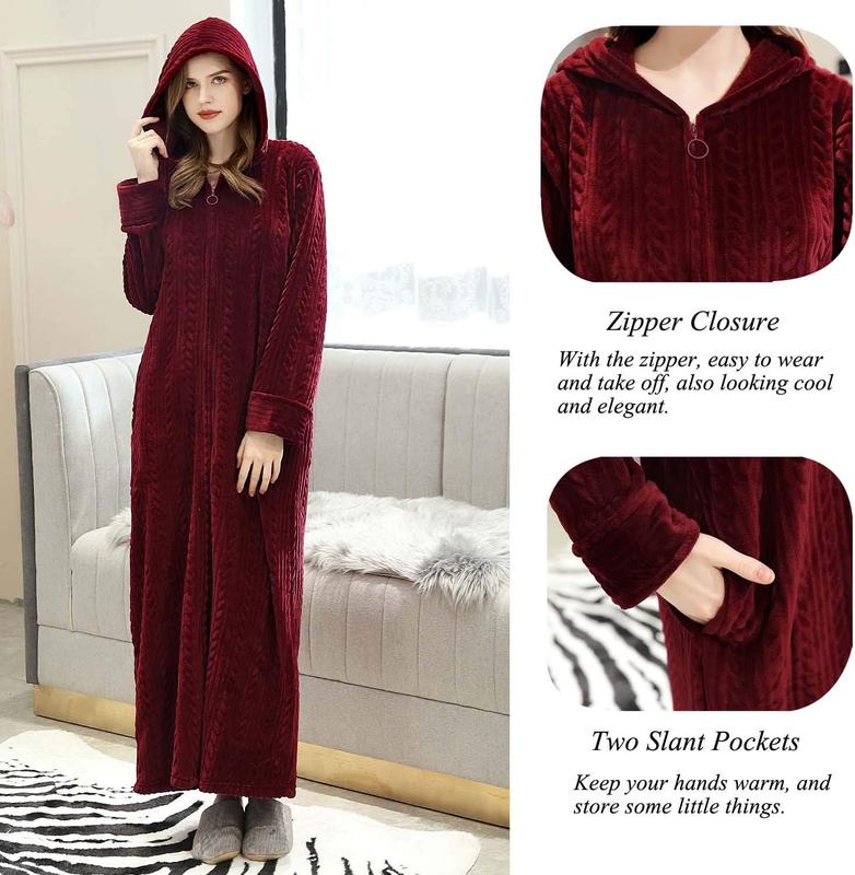 Long Hooded Zipper Bathrobe for Womens Flannel Fleece Robes Winter Warm Housecoat Nightgown Sleepwear Pajamas