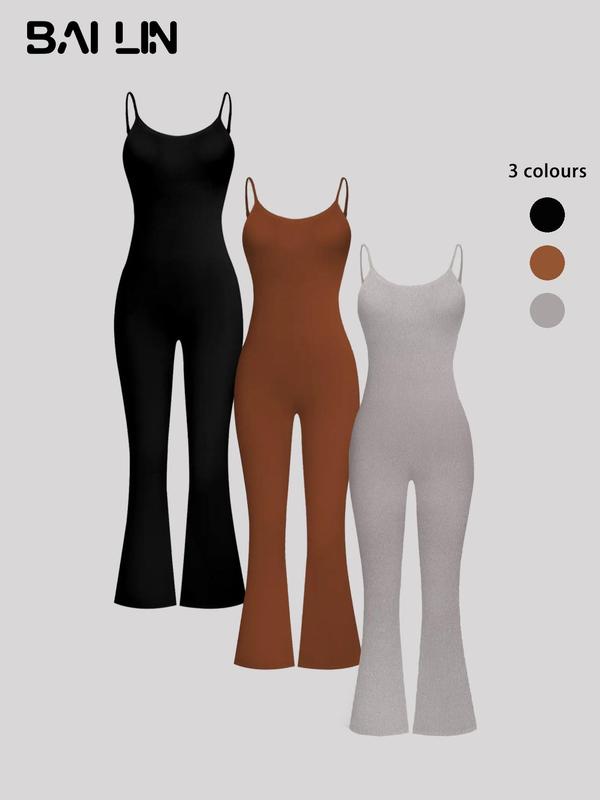 Women's Solid Backless Flare Leg Jumpsuit, Casual Basic Minimalist Comfort Spaghetti Strap Sleeveless Bell Bottom Cami Jumpsuit for Summer, Lady Clothes for Daily Wear, Womenswear