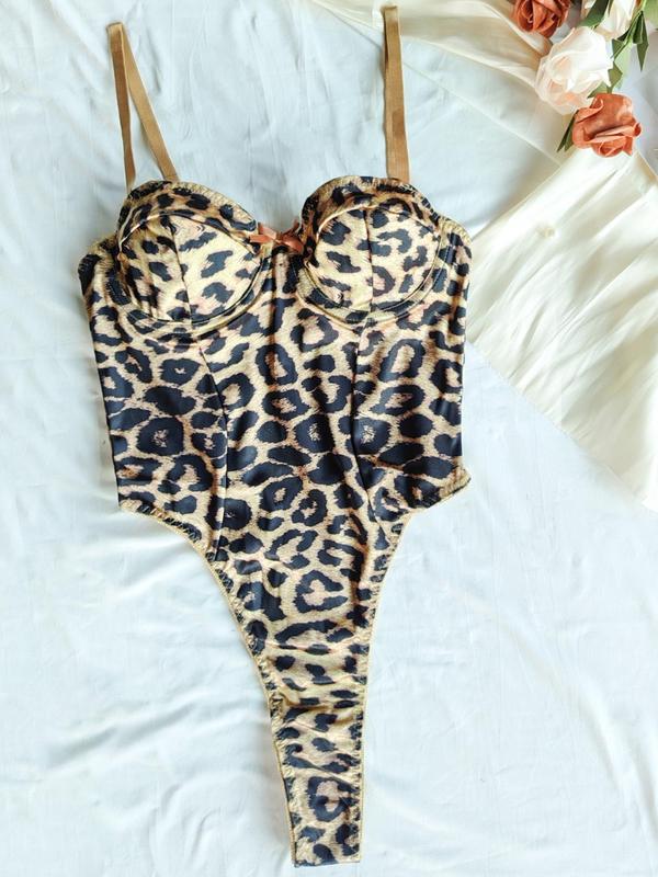 Women's Leopard Print Bow Decor Lingerie Bodysuit, Comfy Breathable Sexy Bodysuit for Daily Wear, Women's Underwear for All Seasons