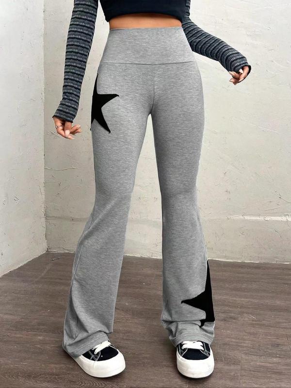 Women's Star Patched Flare Leg Pants, Casual Comfy Bell Bottom Trousers for Spring & Fall, Women's Bottoms for Daily Wear