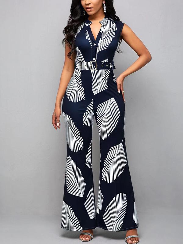 Women's Feather Print Belted Wide Leg Jumpsuit, Elegant Notched Neck Button Front Tank Jumpsuit for Summer, Ladies Clothes for Vacation Holiday Beach