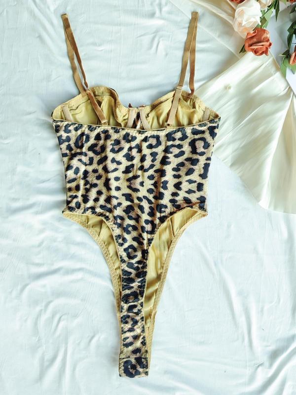 Women's Leopard Print Bow Decor Lingerie Bodysuit, Comfy Breathable Sexy Bodysuit for Daily Wear, Women's Underwear for All Seasons