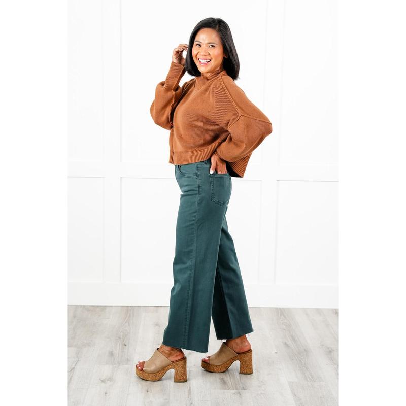 Veret High Rise Green Cropped Wide Leg Jeans