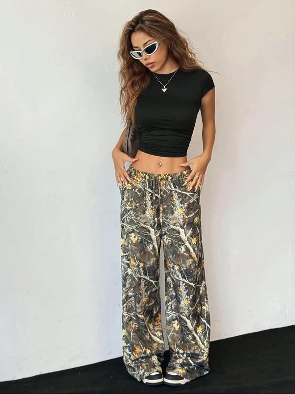 Women's Camo Print Drawstring Waist Wide Leg Pants, Casual Pocket Trousers for Daily Wear, Ladies Bottoms for All Seasons