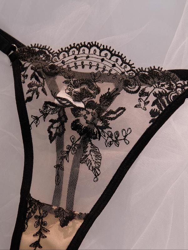 Women's Floral Embroidery Contrast Lace Bra & Thong Sexy Lingerie Set, Adjustable Strap Bra & Panty, Lingerie Set for Women