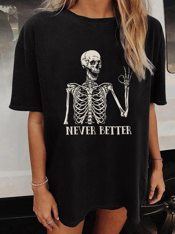 Women's Halloween Themed Skeleton & Letter Print Drop Shoulder Tee, Graphic Tees, Casual Half Sleeve Round Neck T-shirt, Fall Clothes Women, Lady Top for Daily Wear, 90s Clothes