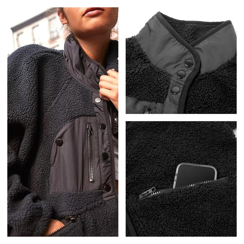 Tanming Women's Cropped Sherpa Jacket Button Down Fuzzy Fleece Patchwork Bomber Jackets Shacket Teddy Coat Outerwear