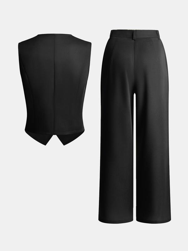 YOZY Christmas Deals, Women's Solid Button Front Vest & Wide Leg Pants Two-Piece Set, Elegant Fashion V Neck Sleeveless Top & Trousers for Daily Wear, Ladies Summer Clothes, Christmas 2024 Trend, Fall & Winter Outfits