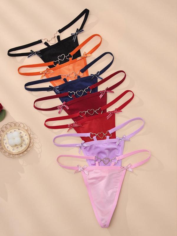 Women's Bow Decor Heart Ring Linked Thong, Soft Comfy Breathable Thong for Daily Wear, Women's Underwear for All Seasons