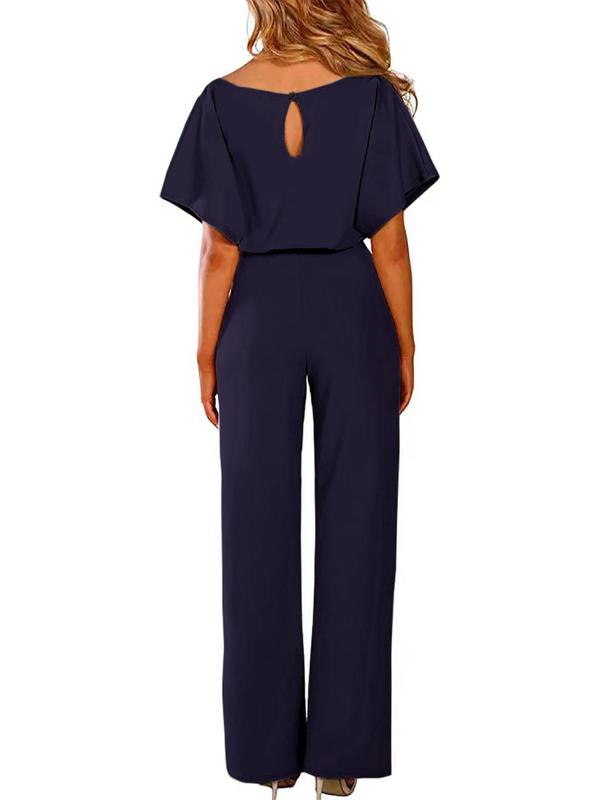 Women's Plain Cut Out Tie Front Batwing Sleeve Jumpsuit, Casual Simple Short Sleeve Straight Leg Romper for Summer, Back To School Fashion Women's Jumpsuit for Daily Wear