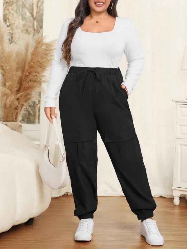 CURVZY Plus Size Solid Drawstring Waist Pocket Jogger Pants, Casual Comfy Trousers for Women, Women's Bottoms for Fall & Winter